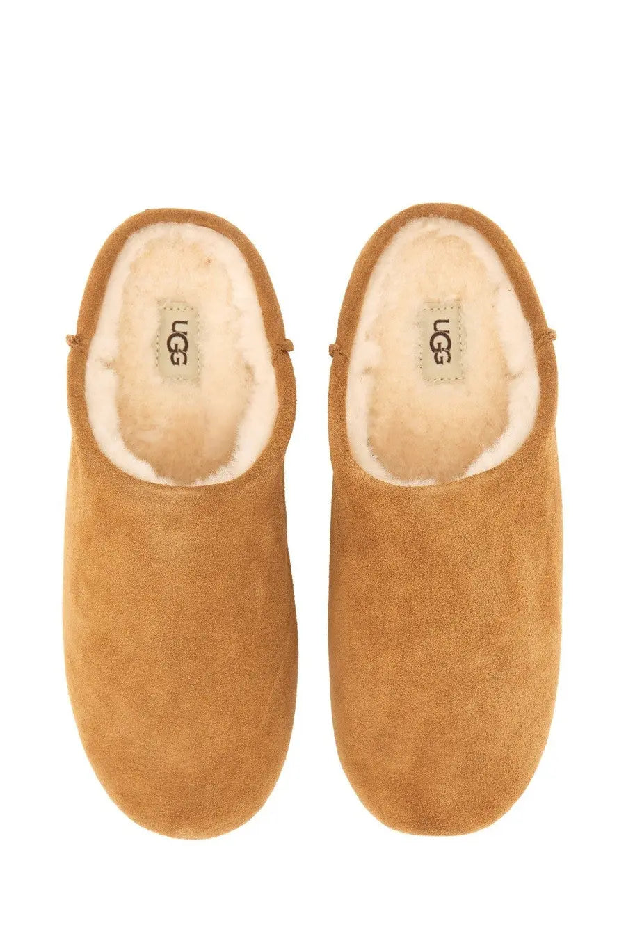 UGG women’s slip on Elea brown tan suede mules with plush white shearling lining for indoor comfort