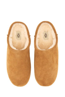 UGG women’s slip on Elea brown tan suede mules with plush white shearling lining for indoor comfort