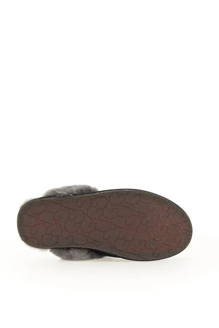 Ugg women’s slip on sandal scuffette black in gray faux fur lining with brown rubber sole featuring logo pattern