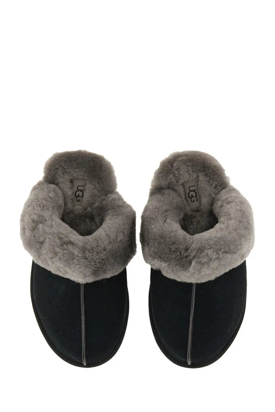 Ugg women’s slip on sandal scuffette black black suede slip-on mules with plush gray shearling lining