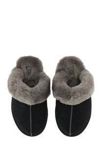 Ugg women’s slip on sandal scuffette black black suede slip-on mules with plush gray shearling lining
