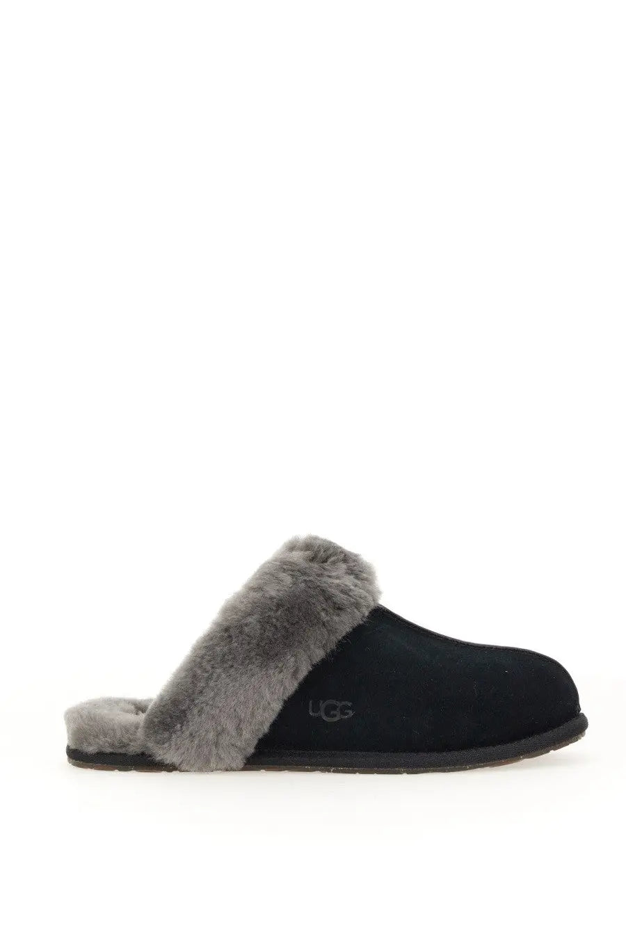 Ugg women’s slip on sandal scuffette black in black suede with gray shearling lining for cozy indoor wear
