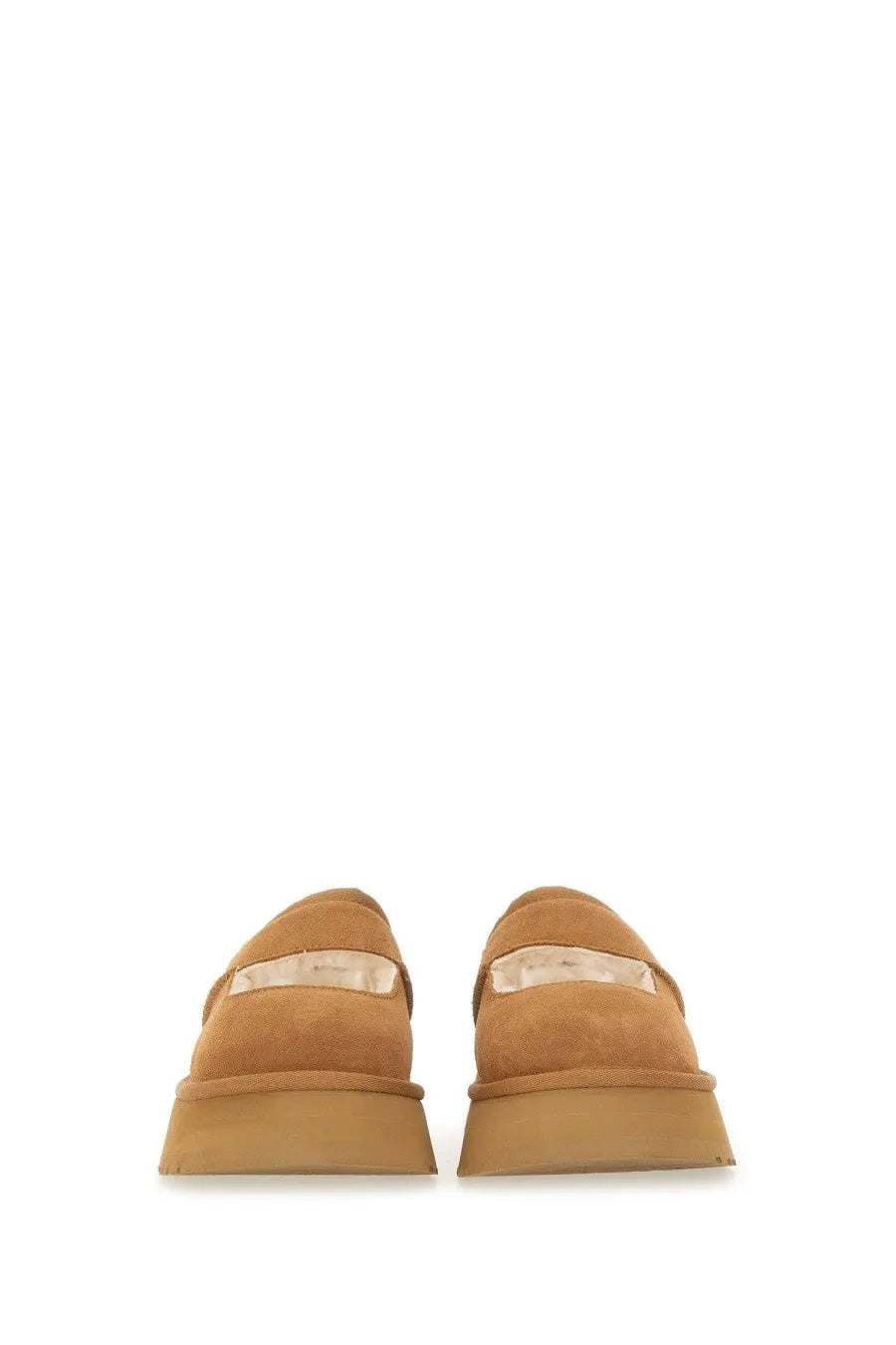 Ugg women’s slipper bea mary jane brown tan suede loafers with thick rubber sole and transparent vamp strap