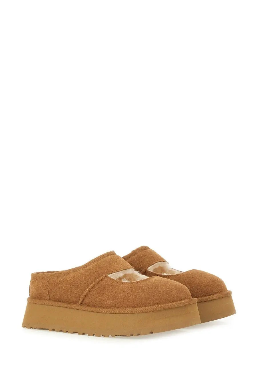 Ugg women’s slipper bea mary jane brown tan suede platform mules with soft shearling lining and chunky sole