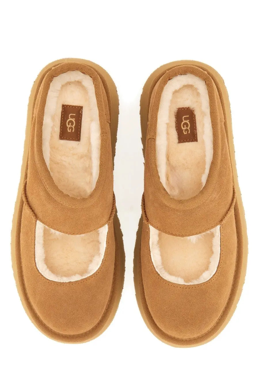 Ugg women’s slipper bea mary jane brown tan suede slip-on mules with plush white shearling lining and thick rubber sole