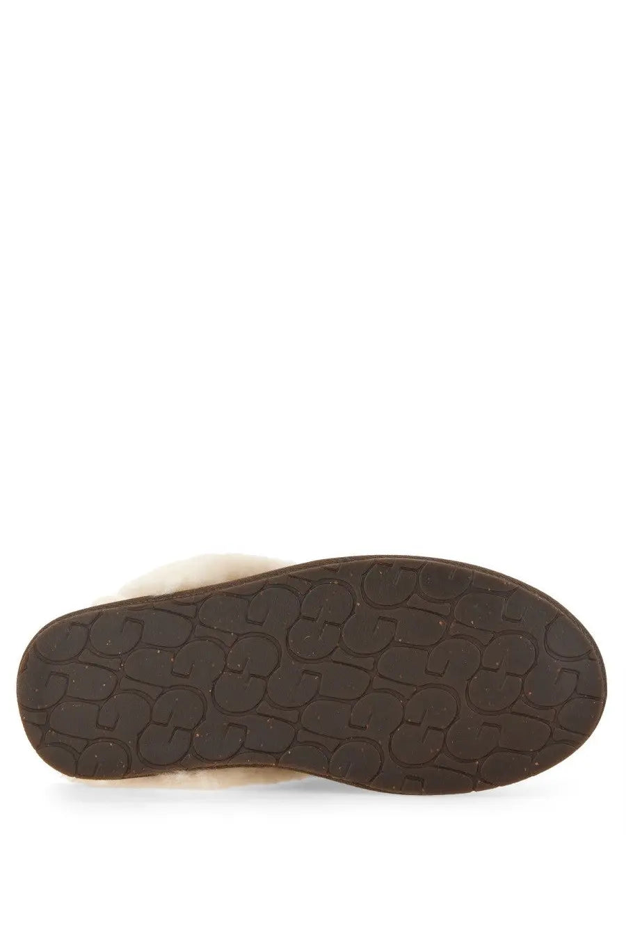 Brown rubber sole of ugg women’s slipper scuffette with embossed ugg logo pattern visible on the back side