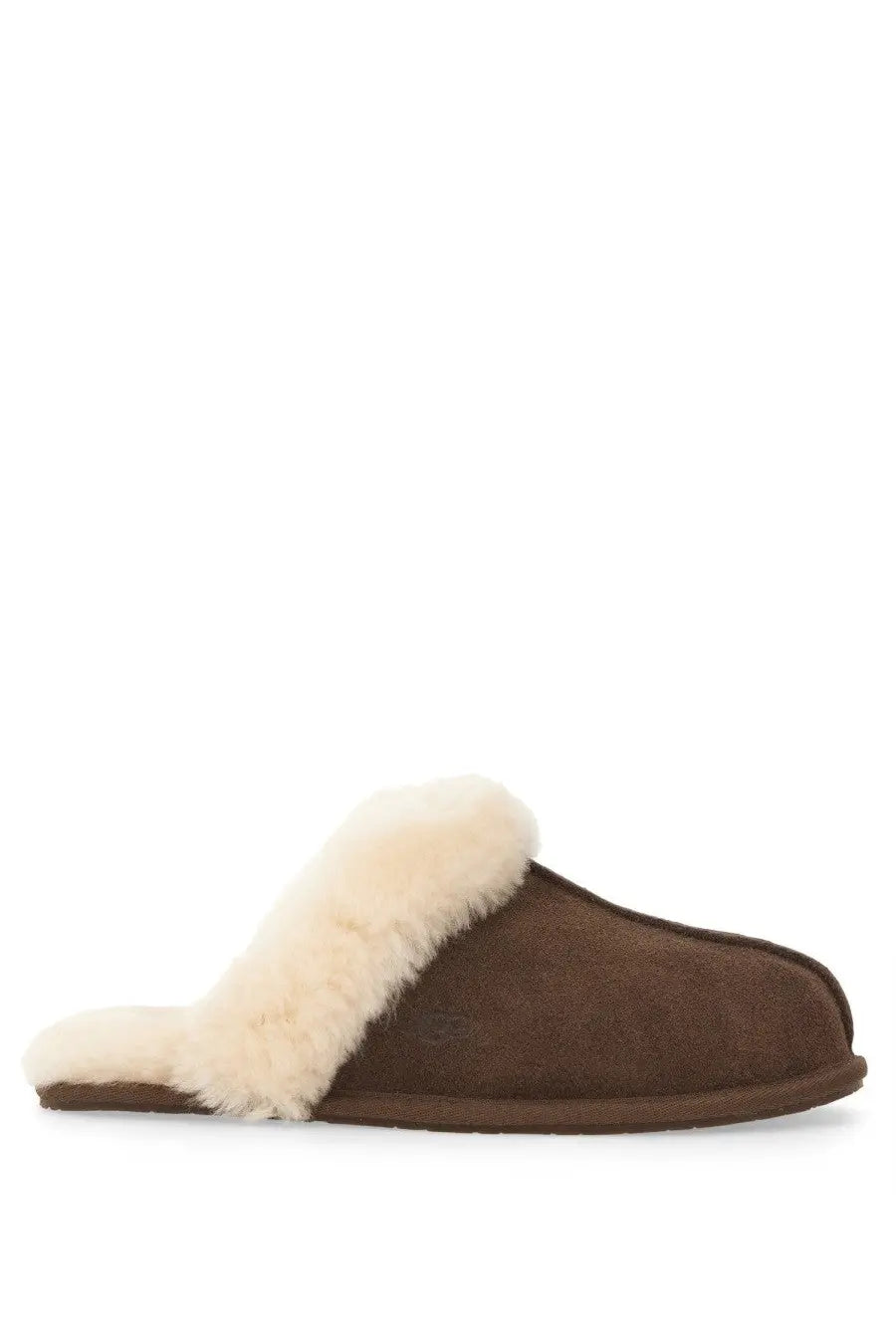 Ugg women’s slipper scuffette brown suede with plush cream-colored shearling lining for indoor comfort
