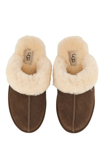 Ugg womens slipper scuffette brown brown suede slip-on mules with cream shearling lining for indoor comfort