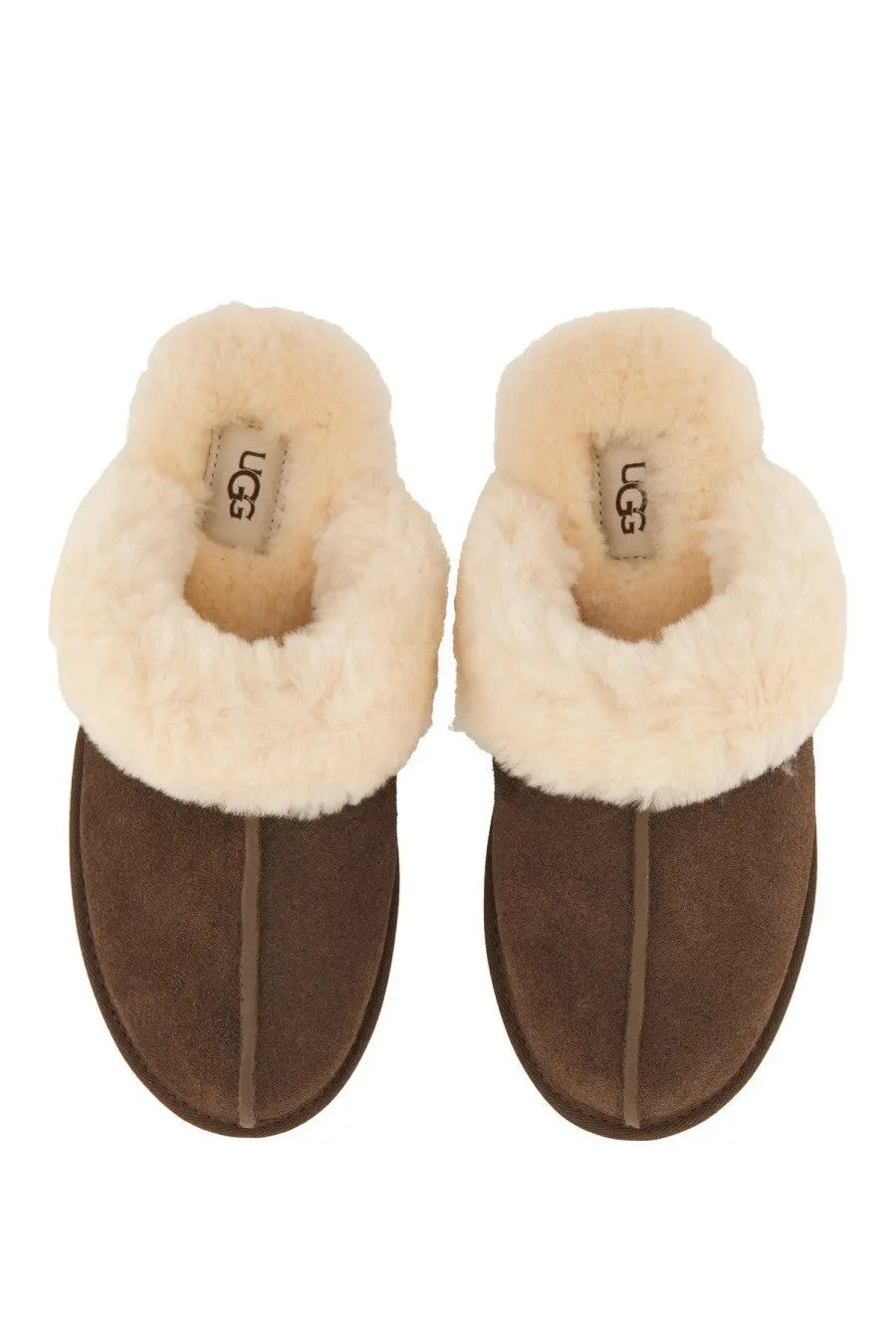 Ugg women’s slipper scuffette brown brown suede slip-on mules with cream-colored shearling lining visible from the front