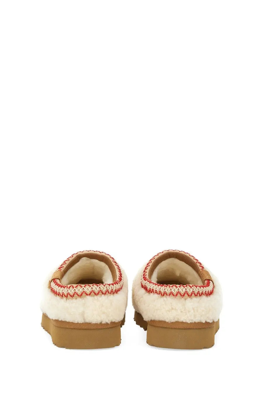 Ugg women’s slipper tasman white cream-colored shearling slip-on mules with red zigzag knit trim and tan rubber soles