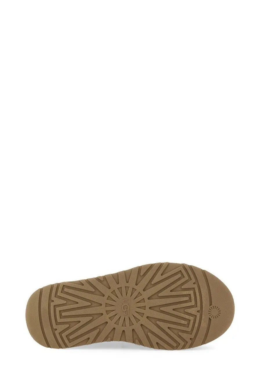 Back view of ugg women’s stivale classic mini dipper brown with tan rubber sole and geometric tread pattern embossed ugg logo