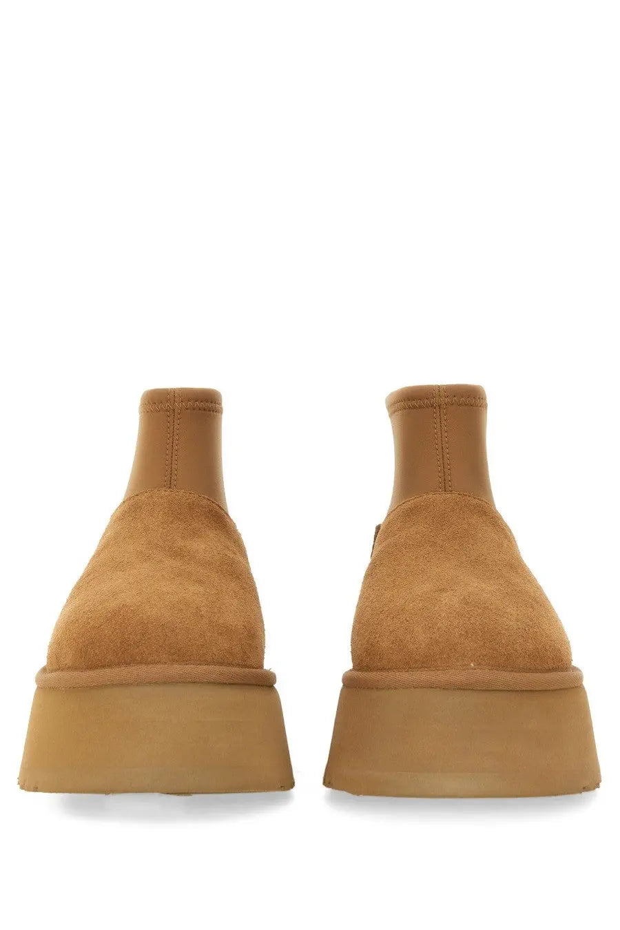 UGG women’s Stivale Classic Mini Dipper brown tan suede ankle boots with chunky platform sole visible from front