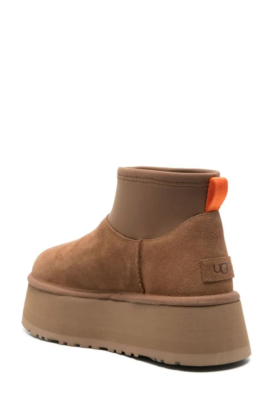 Ugg women’s stivale classic mini dipper brown tan suede ugg boot with chunky platform sole and orange pull tab