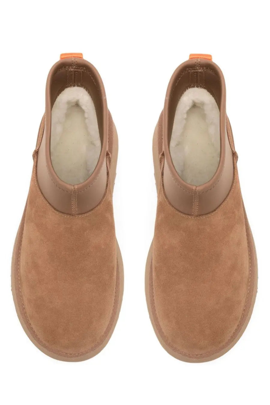 Ugg womens stivale classic mini dipper tan suede booties with plush white shearling lining and orange pull tabs