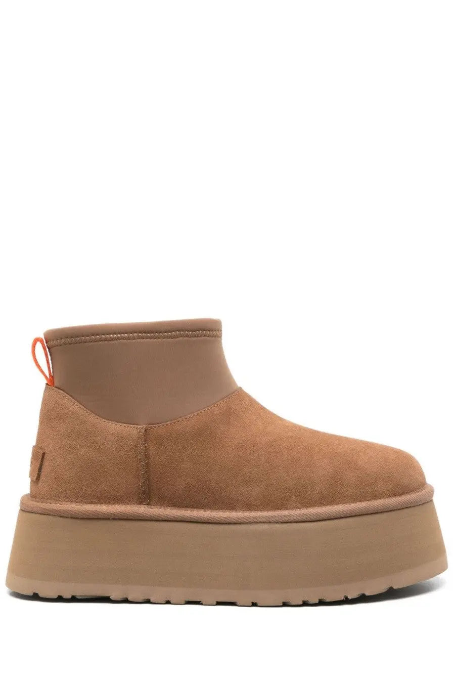Back view of ugg women’s stivale classic mini dipper brown tan suede platform boot with thick sole and orange pull tab