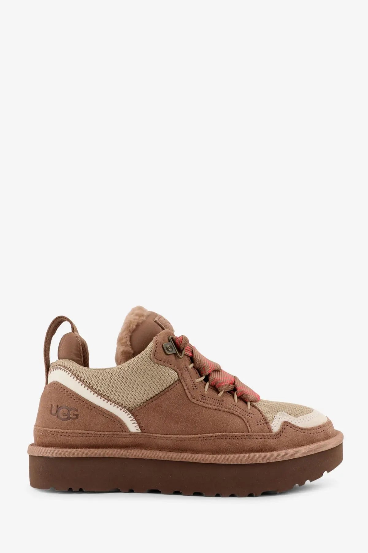 Ugg women’s beige lowmel sneakers in brown suede and nylon with pink laces plush collar and chunky rubber sole
