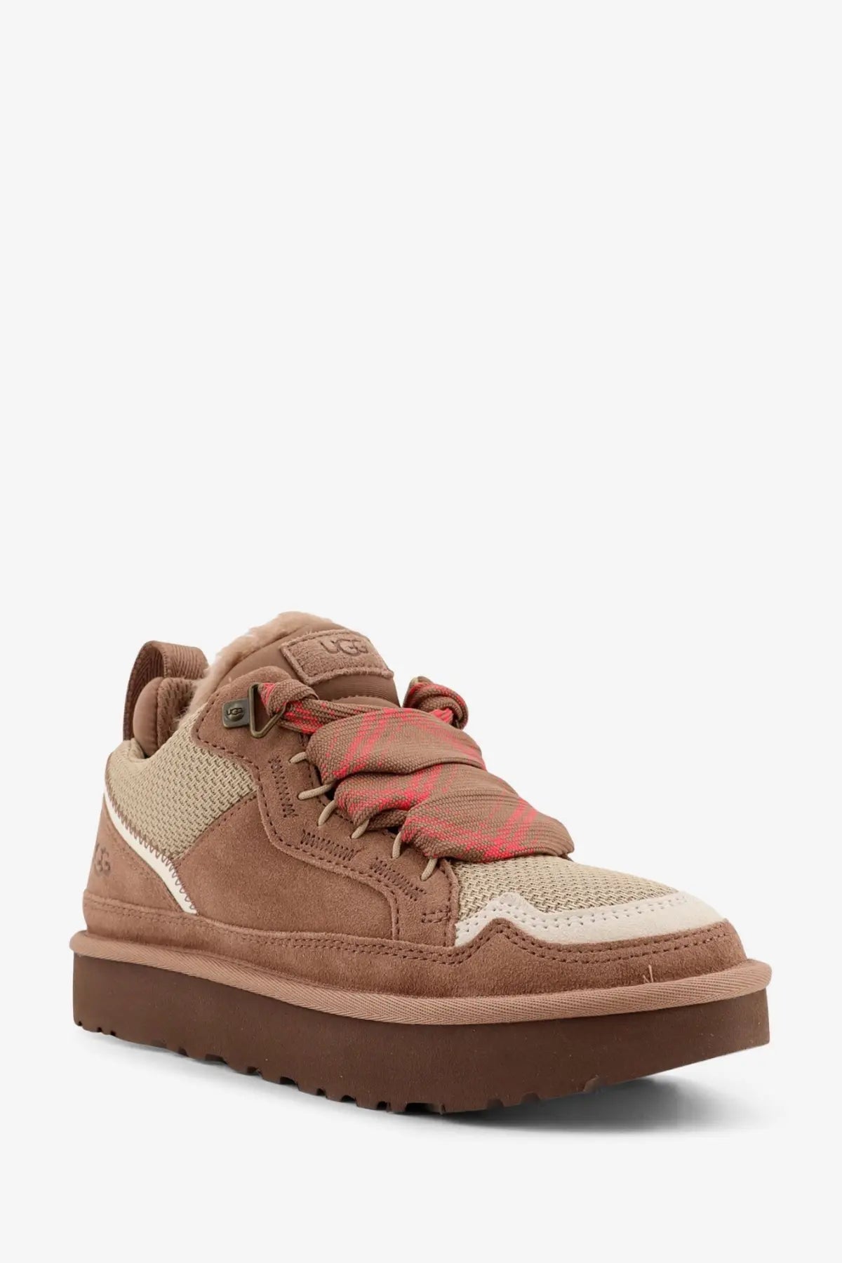 Ugg women’s lowmel sneakers in beige featuring tan suede and mesh with red patterned laces