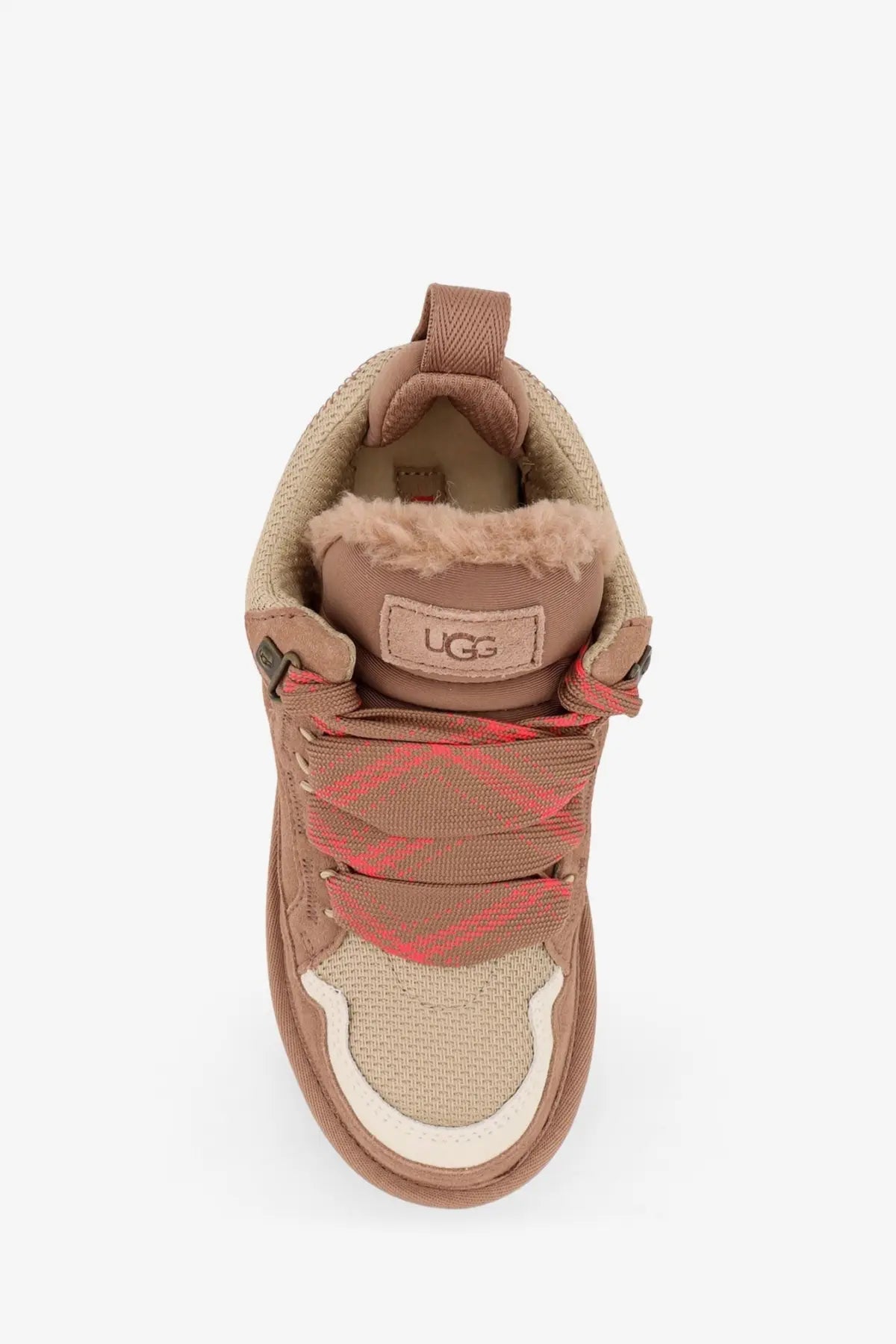 Ugg women’s beige suede and nylon lowmel sneaker with tan color pink geometric laces and fur-lined collar