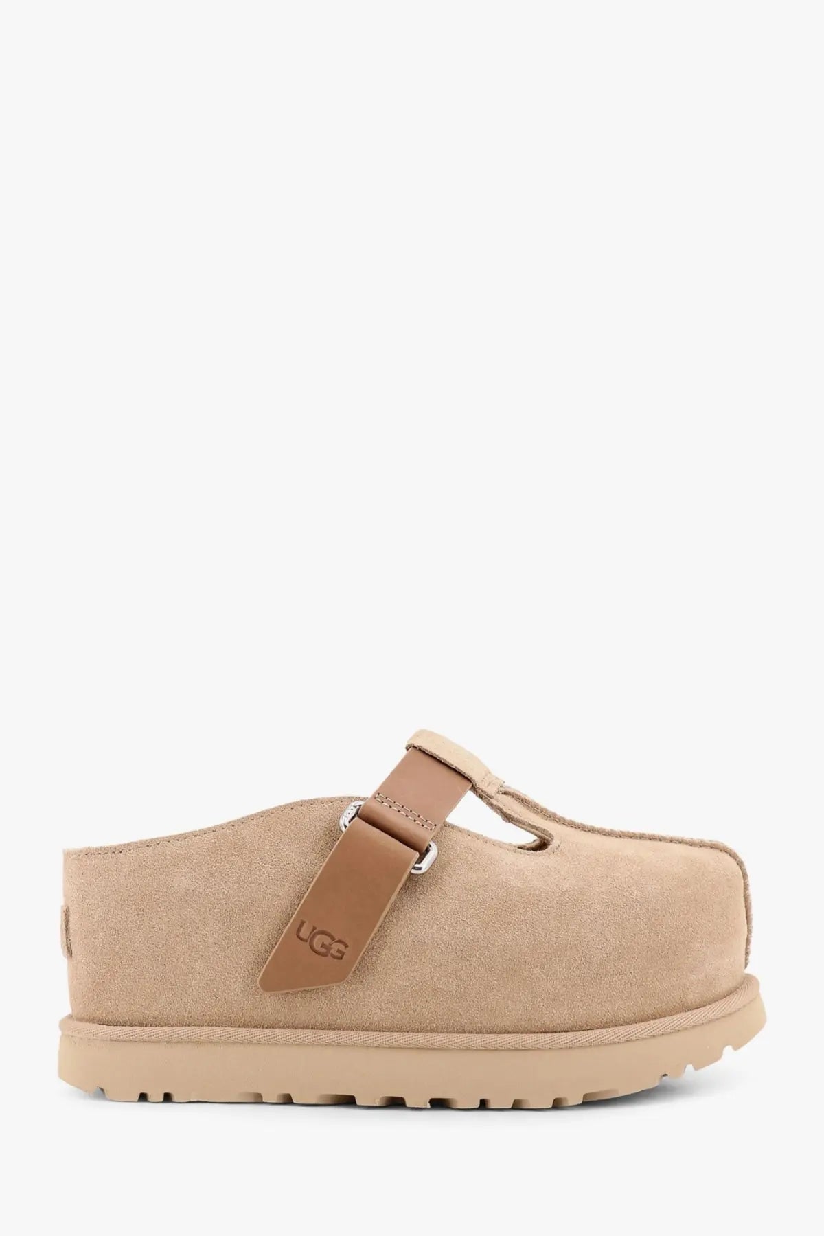 Ugg women’s beige suede clog sandal with tan leather strap and silver buckle for casual wear