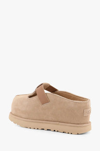 Ugg women’s beige suede mary jane slip-on sandal with tan strap and rubber sole for casual wear