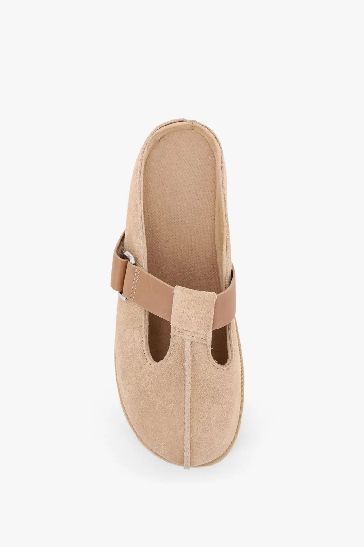 Ugg women’s beige suede mule slip-on sandal with t-strap and buckle closure for casual wear