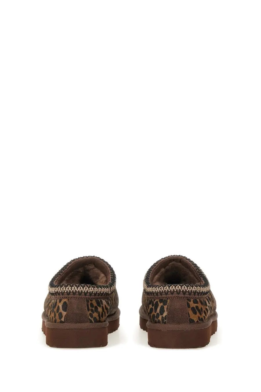 UGG women’s Tasman Caspian sandal pattern brown leopard print booties with plush interior and braided trim