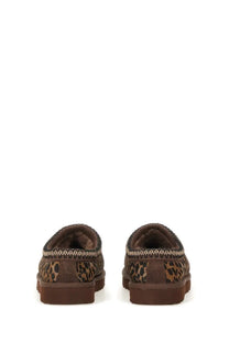 UGG women’s Tasman Caspian sandal pattern brown leopard print booties with plush interior and braided trim