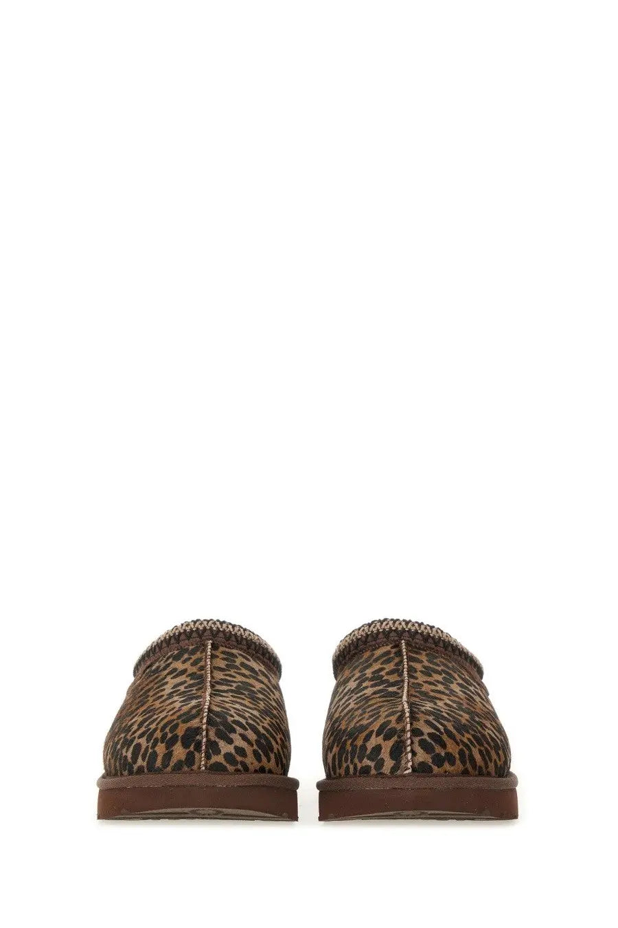 Ugg women’s tasman caspian sandal pattern brown leopard-print slip-on mules with suede texture and stitched detailing