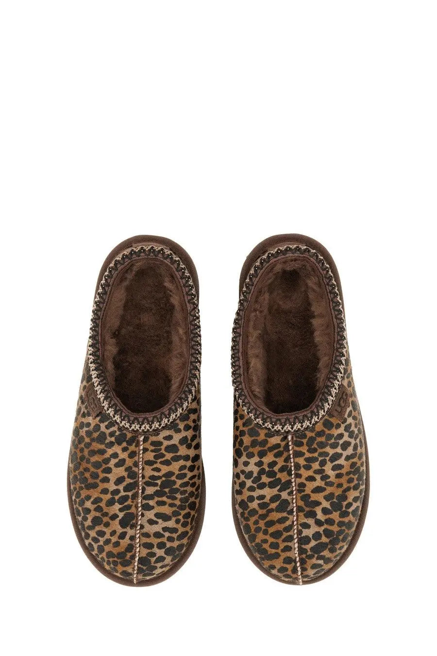 Brown leopard-print ugg women’s tasman caspian sandal pattern slipper with plush lining and stitched trim