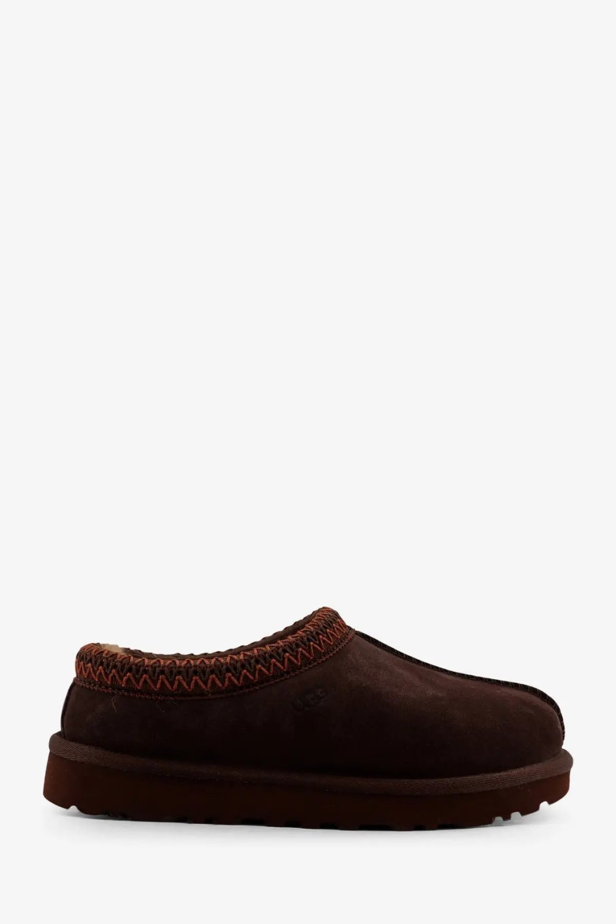Ugg women’s tasman ii brown suede slip-on mule with red and black zigzag stitched trim in orange
