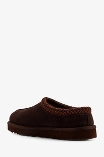 Ugg women’s tasman ii suede slip-on mule in brown with reddish-brown zigzag stitched trim