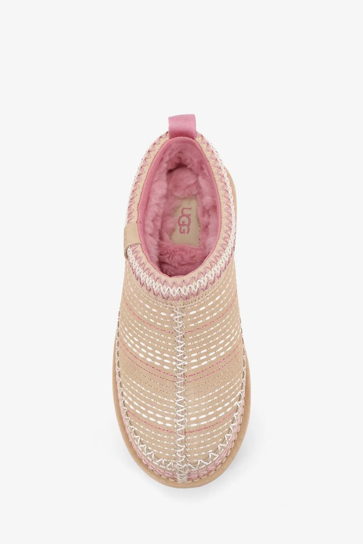 UGG women’s tasman meadow suede sandals beige with pink ugg boot woven beige white upper and plush pink lining