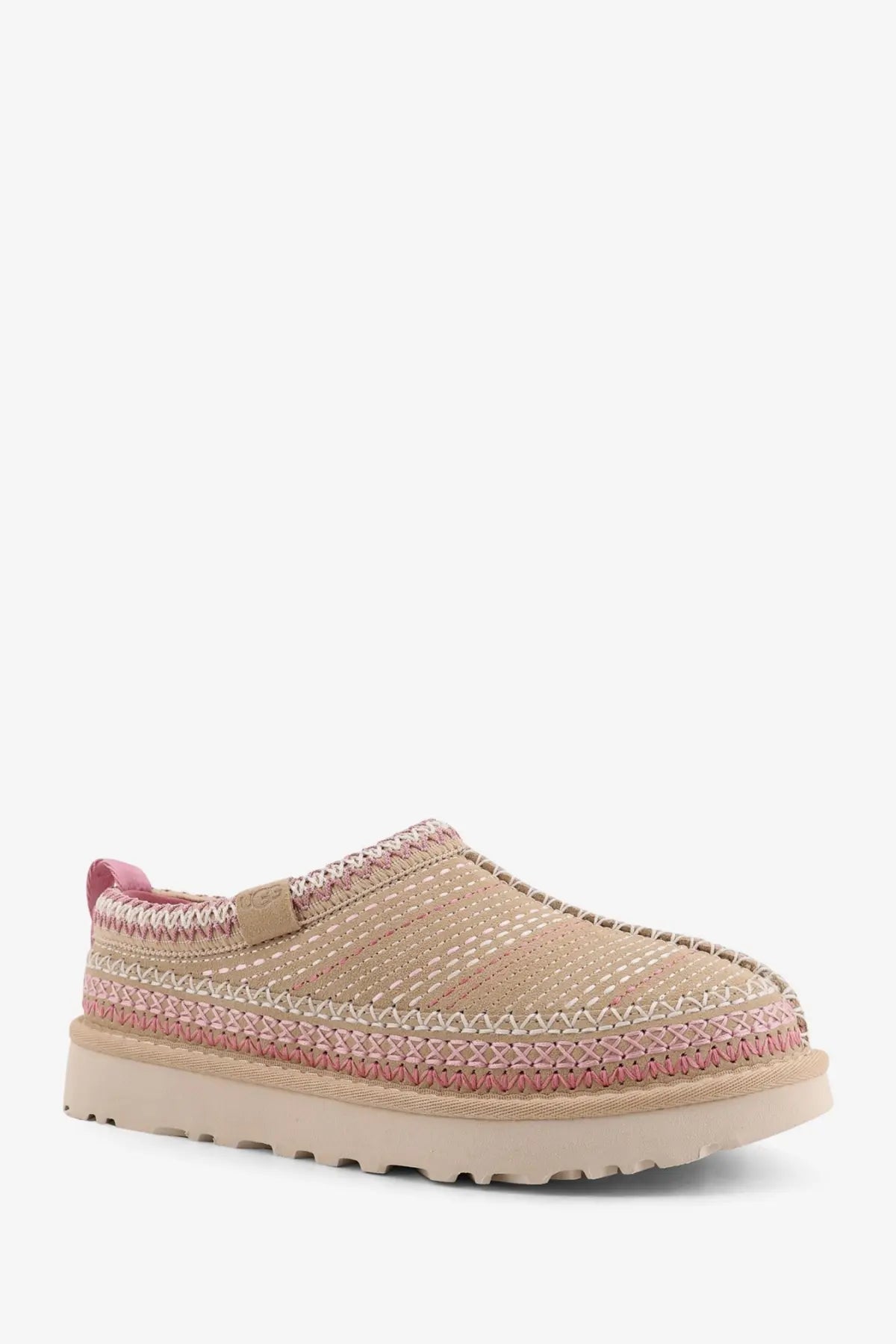 Ugg women’s tasman meadow beige suede sandals with pink braided slip-on moccasin upper and chunky rubber sole