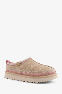 Ugg women’s tasman meadow beige suede sandals with pink braided slip-on moccasin upper and chunky rubber sole