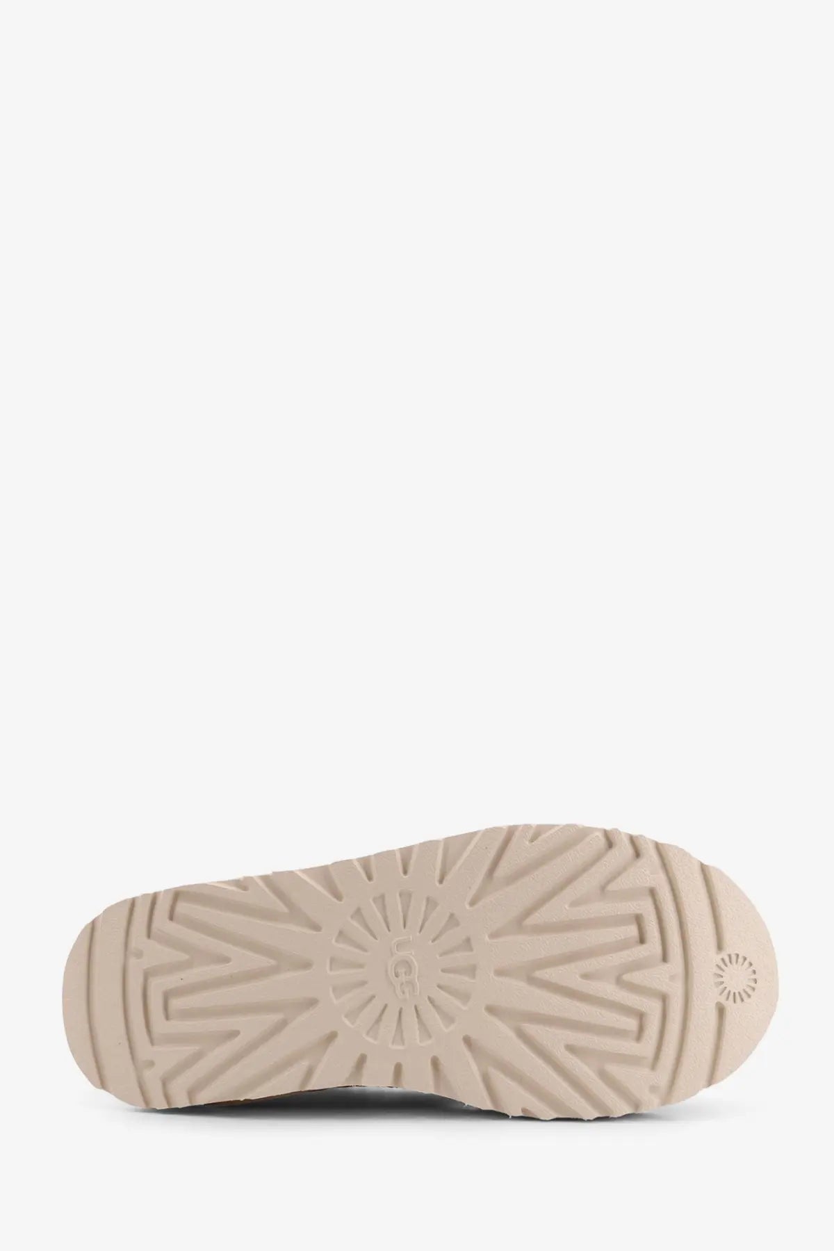 Beige rubber sole with sunburst tread pattern and ugg logo embossed on ugg women’s tasman meadow suede sandals