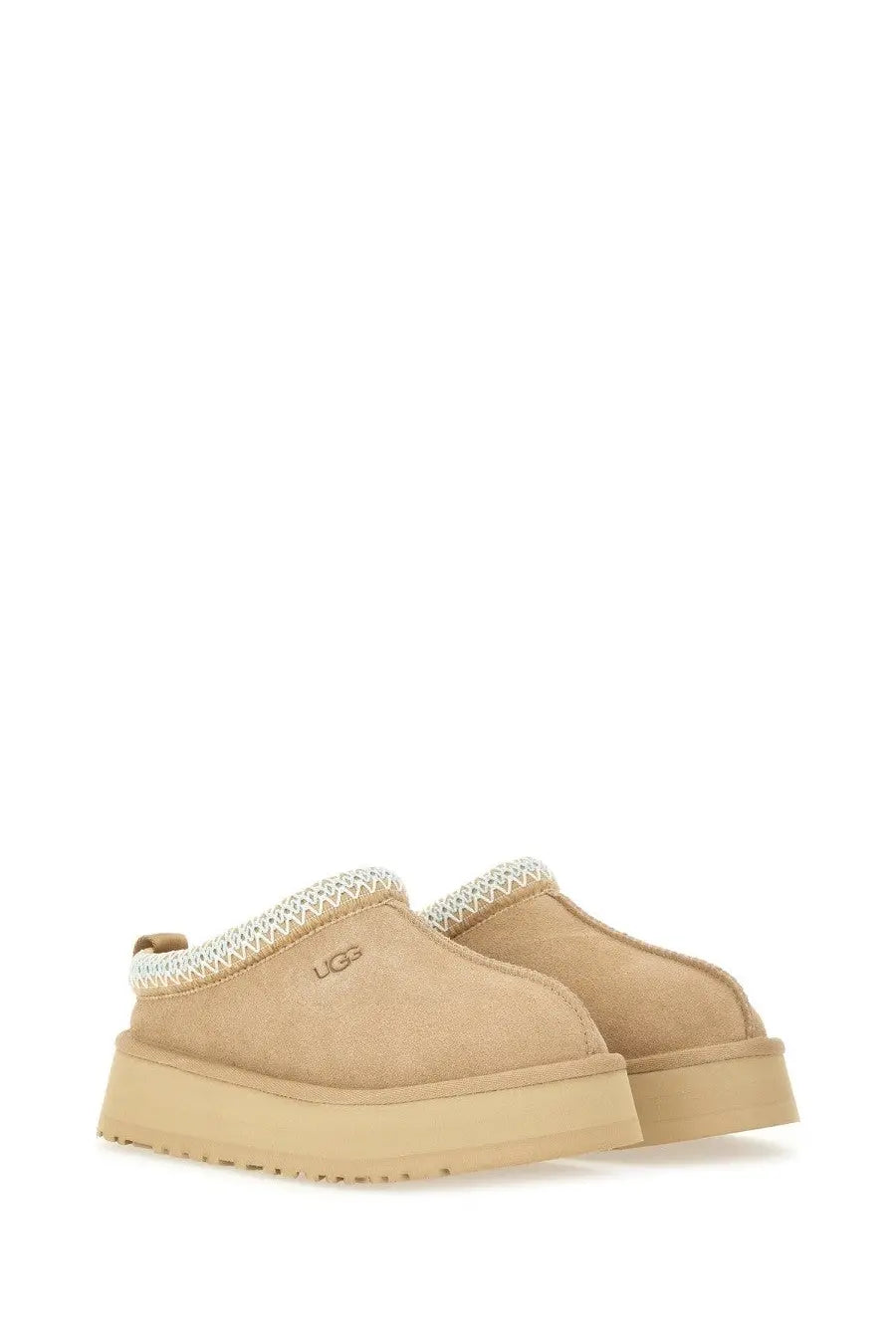 Beige ugg women’s tazz ii plateau sandal with suede upper and textured knit trim platform slip-on mules