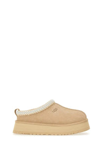 UGG women’s Tazz II plateau sandal beige suede slip-on mule with textured white woven trim and chunky platform sole