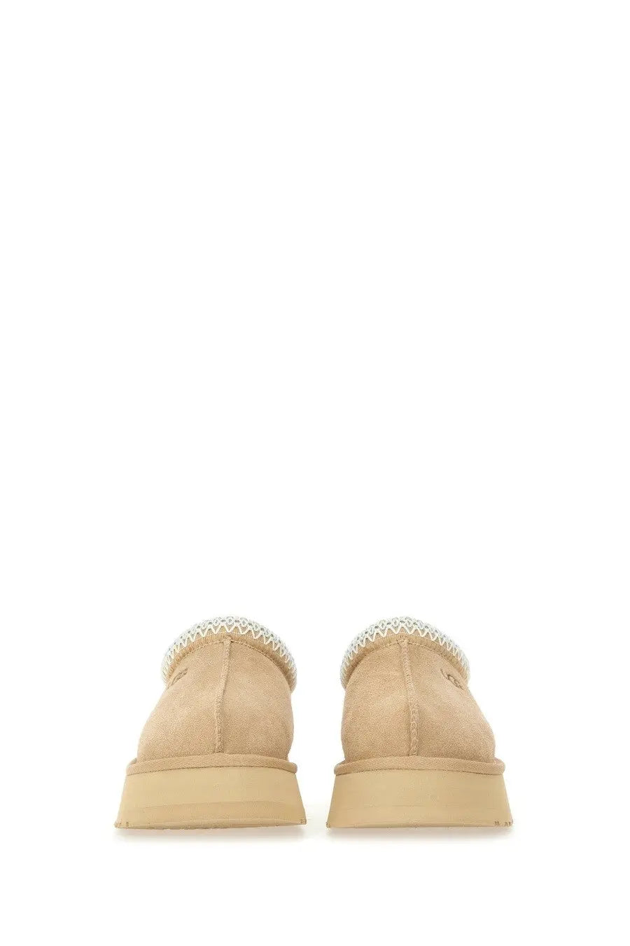 Ugg women’s tazz II plateau sandal beige beige suede slip-on mules with white crocheted trim around the collar