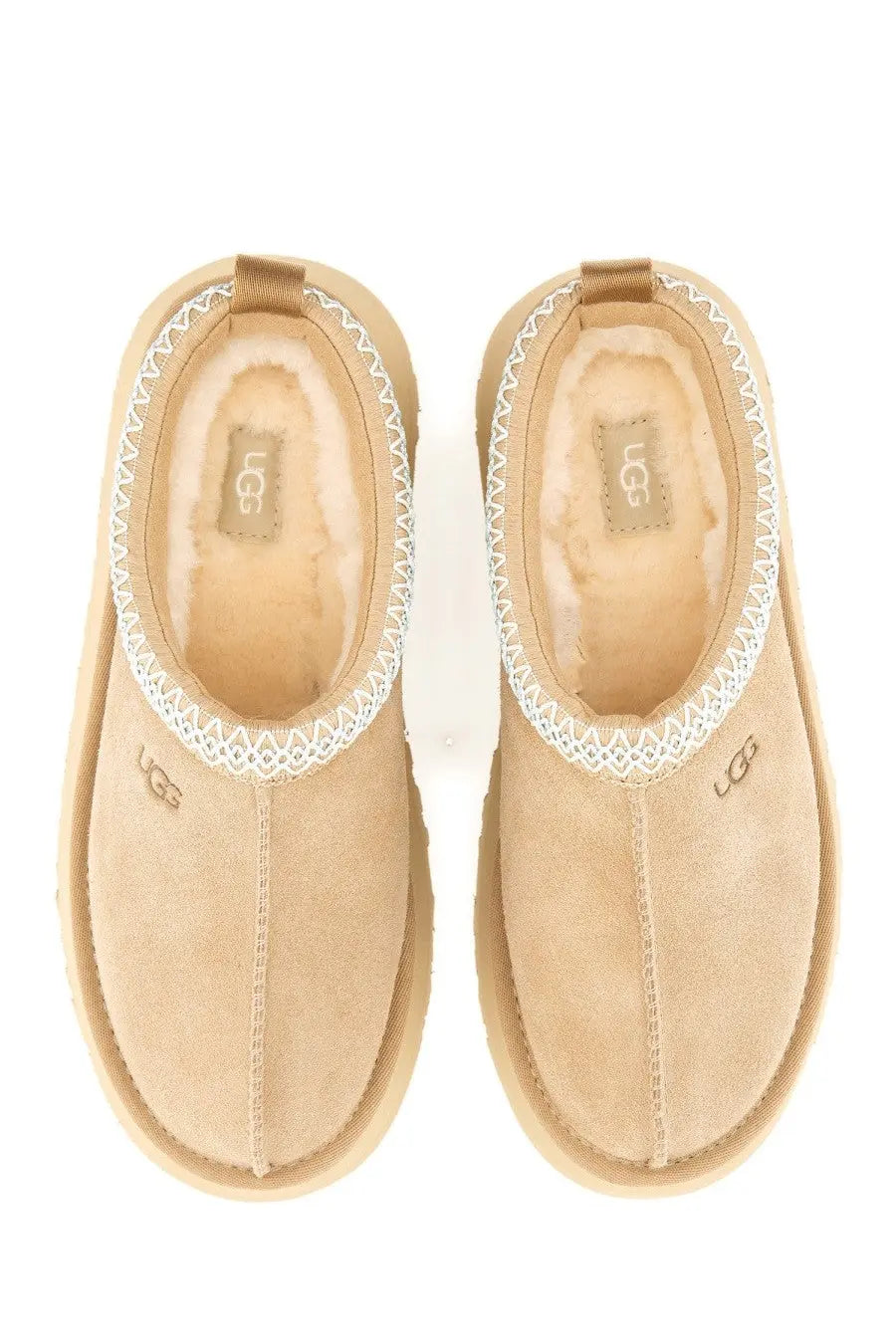 Ugg women’s tazz ii plateau sandal beige beige suede slip-on mules with white lace trim and tan rubber soles