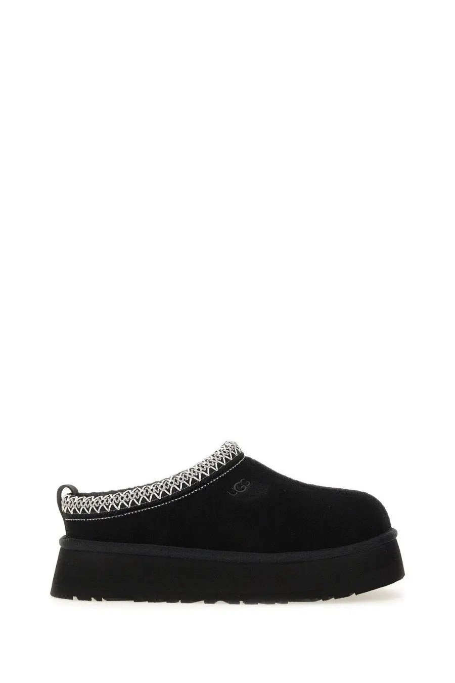 Ugg women’s Tazz II plateau sandal black with black suede upper and white zigzag stitch trim slip-on mule design
