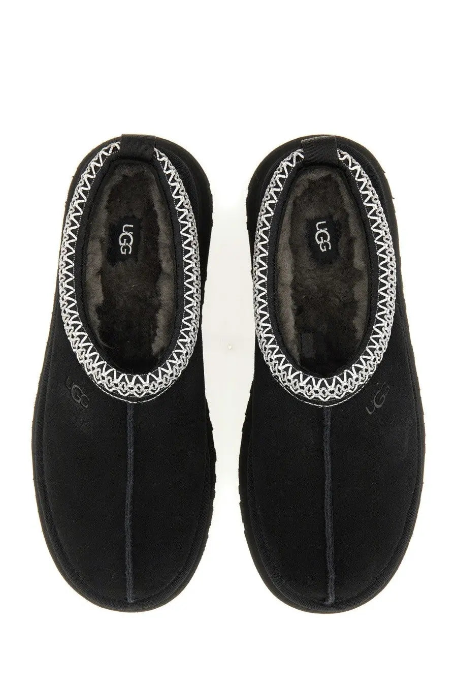 Ugg women’s tazz II plateau sandal black slip-on mule with white zigzag stitching and plush interior lining