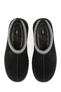 Ugg women’s tazz II plateau sandal black slip-on mule with white zigzag stitching and plush interior lining