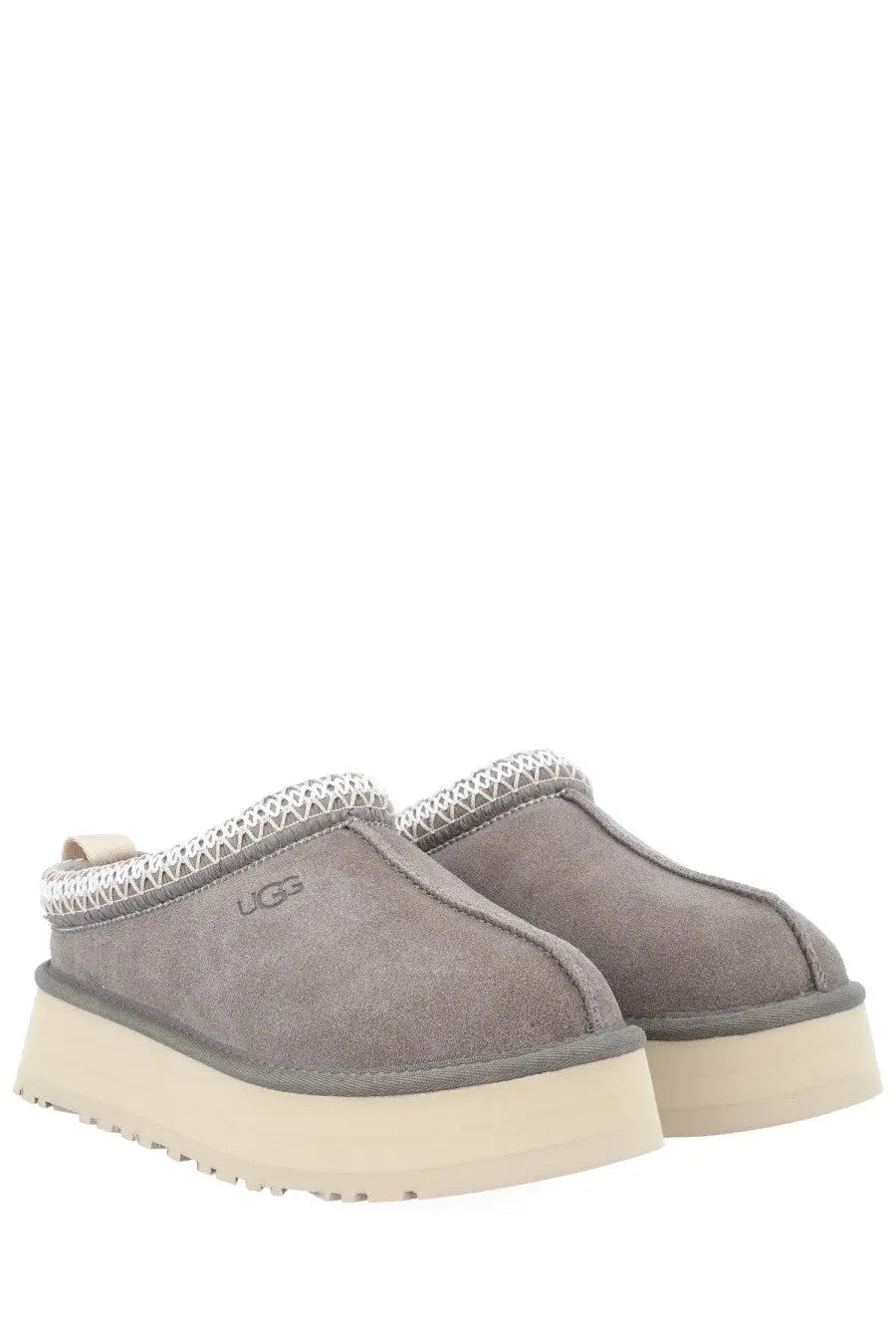 Ugg womens tazz ii plateau sandal grey with gray suede platform slip-on mules and white embroidered trim cream sole