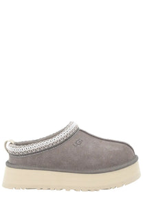 Ugg women’s tazz II plateau sandal grey gray suede slip-on mule with white patterned trim and cream platform sole