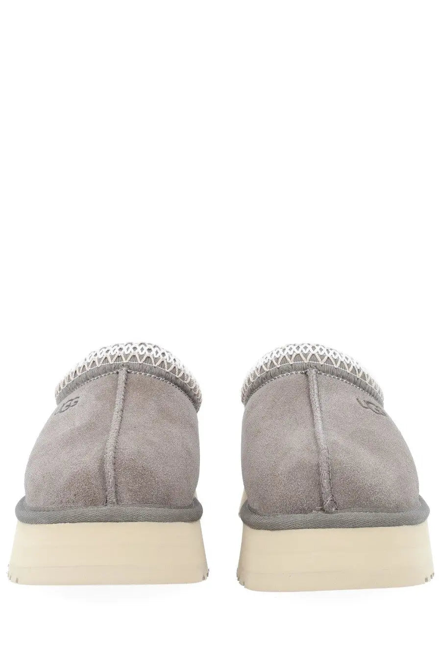 Ugg women’s tazz ii plateau sandal grey in gray suede with white crochet trim and cream rubber sole slip-on mules