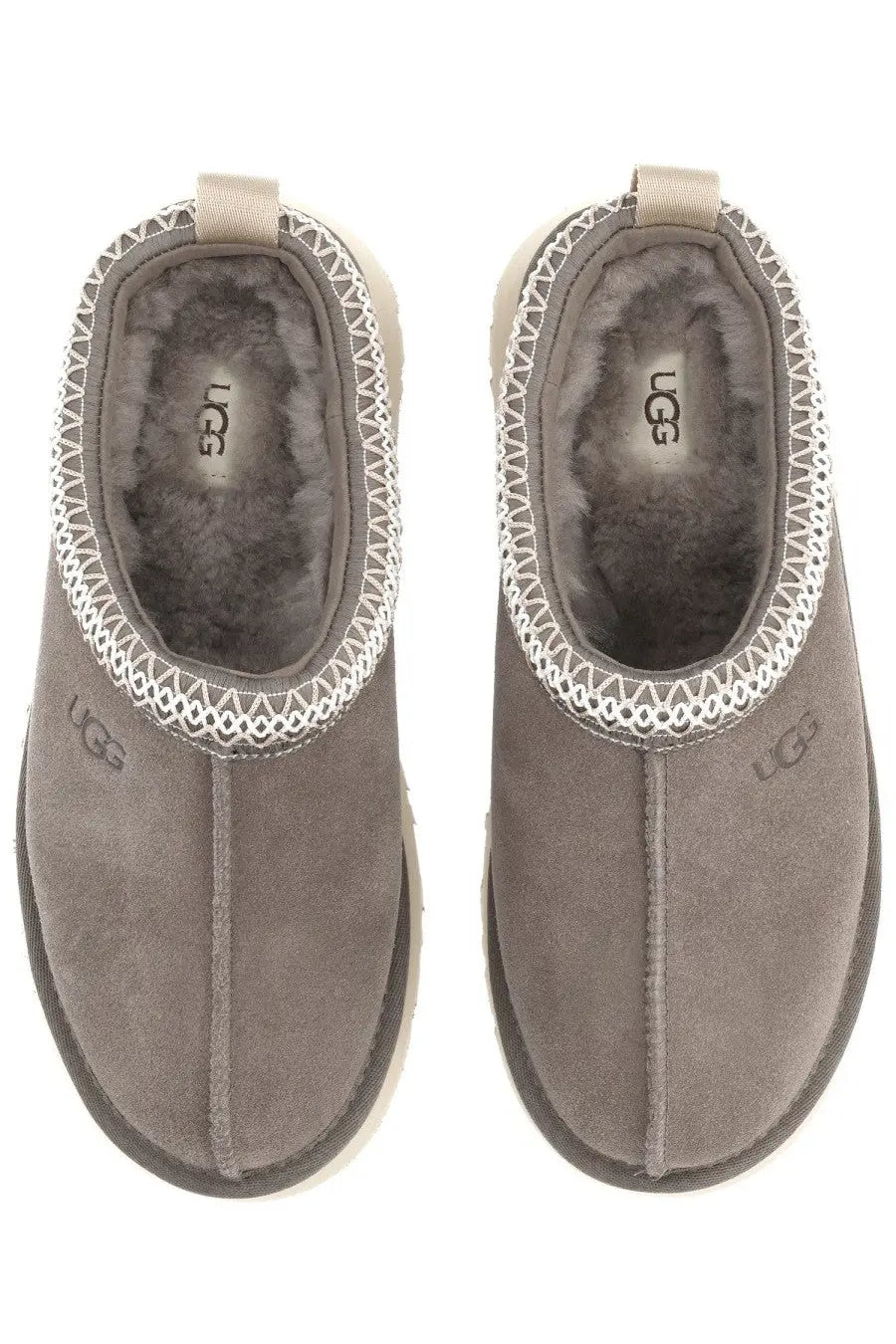 Ugg women’s tazz II plateau sandal grey gray suede slip-on mule with white stitched trim and plush shearling lining