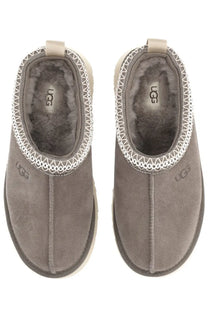 Ugg women’s tazz II plateau sandal grey gray suede slip-on mule with white stitched trim and plush shearling lining