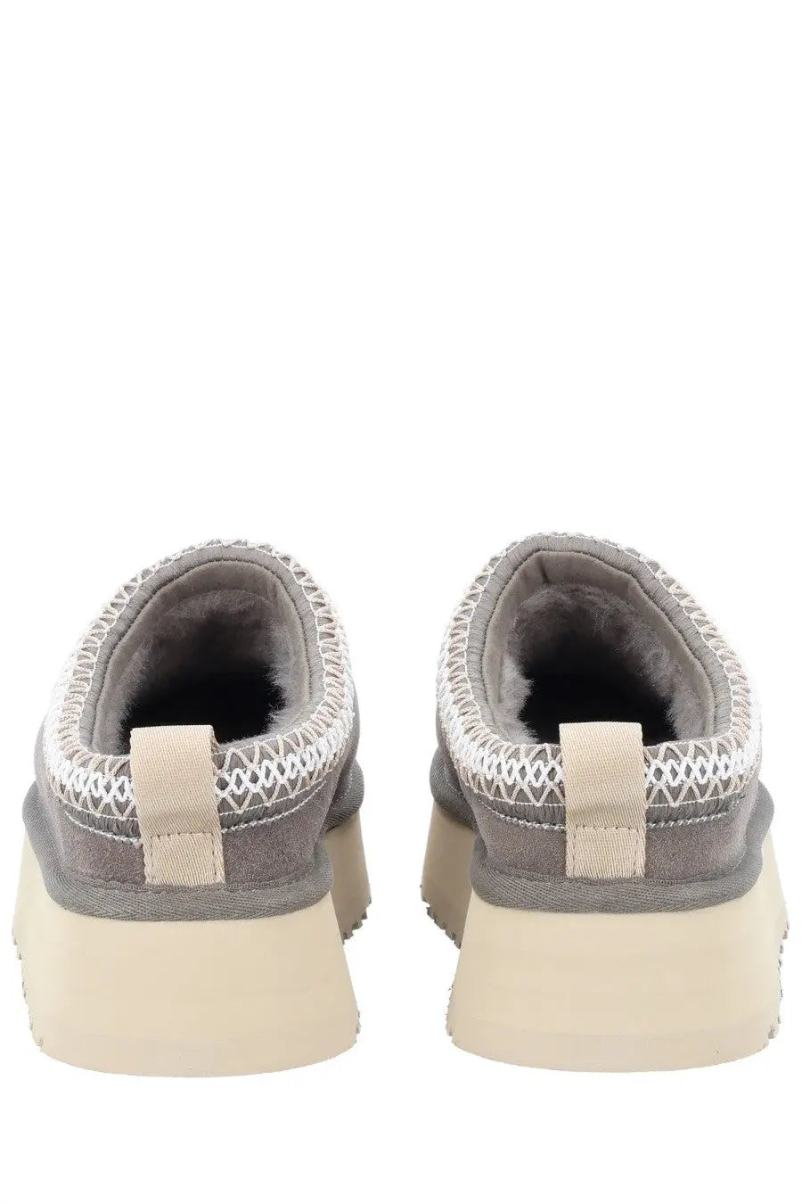 Ugg women’s tazz ii plateau sandal grey featuring gray suede slip-on mules with white geometric embroidery and cream sole