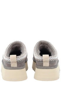 Ugg women’s tazz ii plateau sandal grey featuring gray suede slip-on mules with white geometric embroidery and cream sole