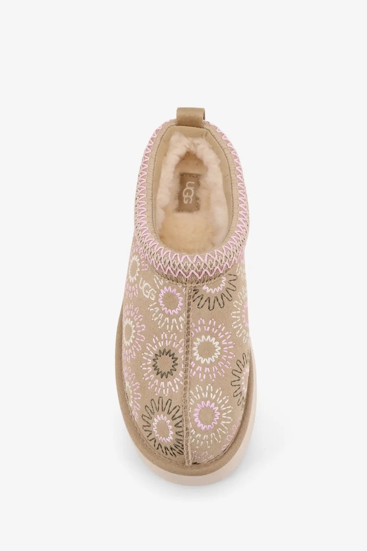 Beige ugg women’s tazz suede sandals with embroidered pink and gray floral patterns and plush shearling lining